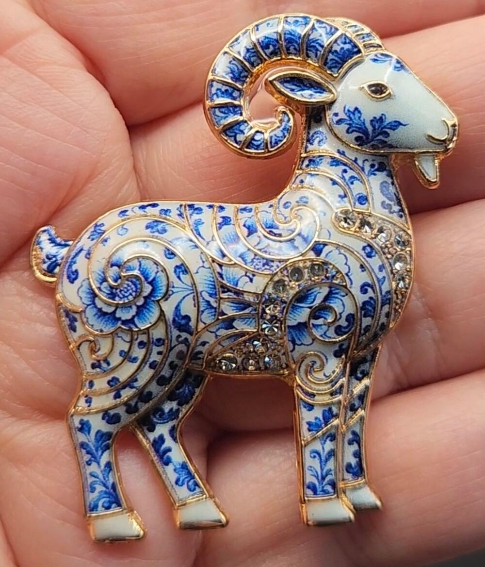 Delft Pattern Billy Goat Brooch Blue & White w/ Gold Tone and Rhinestone Accents